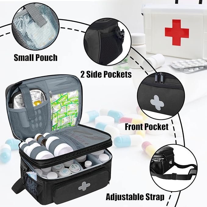 GDNasist Medicine Storage Bag, Medical Bag Pill Bottle Organizer for Emergency, Medicine Box Empty with Small Portable Pouch,