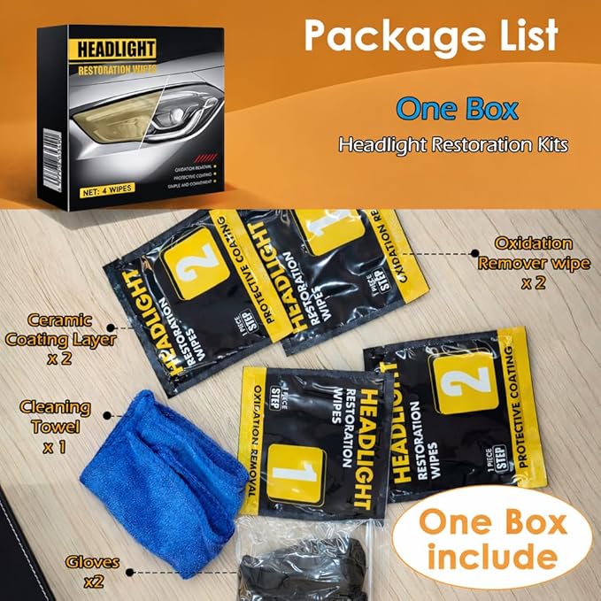 Car Headlight Restoration Kit, 2-Step Headlight Cleaner with Oxidation Removal & Ceramic Coating Wipes, Removes Oxide & Yellowing Restore Clarity, Headlight Polish Restorer Kit