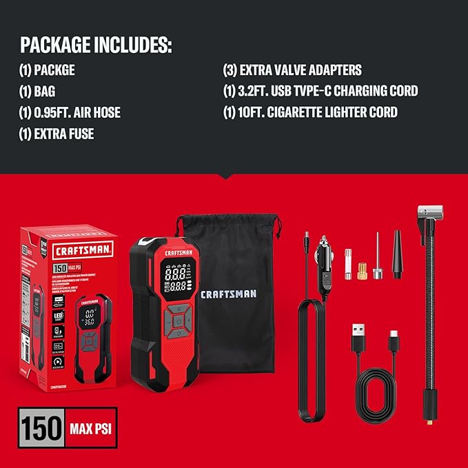 Craftsman Tire Inflator Portable Air Compressor - 20V Cordless Air Pump for Car Tires, 150PSI Upgrade High-Capacity Battery, Auto Shutoff Portable Tire Inflator for Car, LED Gauge & 12V DC Corded