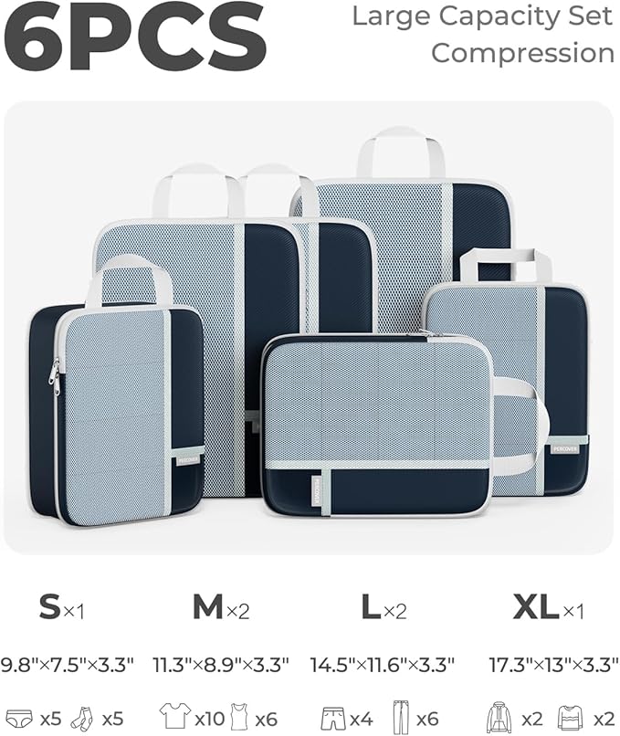 Percover Compression Packing Cubes 6-Piece Set, Packing Cubes Compression for Travel with Multi-Size Organization, Travel Org