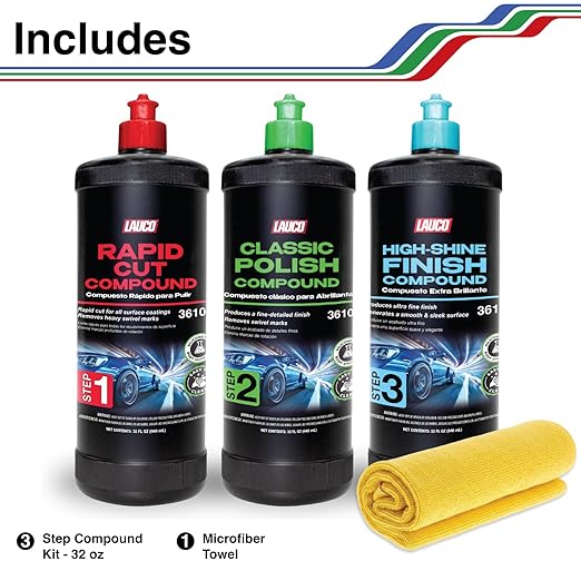 LAUCO 3-Step Kit – Steps 1 2 3 – 32oz, with a Towel, Professional Silicone-Free Cutting, Polishing & Finishing Compounds for Scratch Removal, Clear Coat Safe High-Gloss Finish