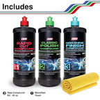 LAUCO 3-Step Kit – Steps 1 2 3 – 32oz, with a Towel, Professional Silicone-Free Cutting, Polishing & Finishing Compounds for Scratch Removal, Clear Coat Safe High-Gloss Finish
