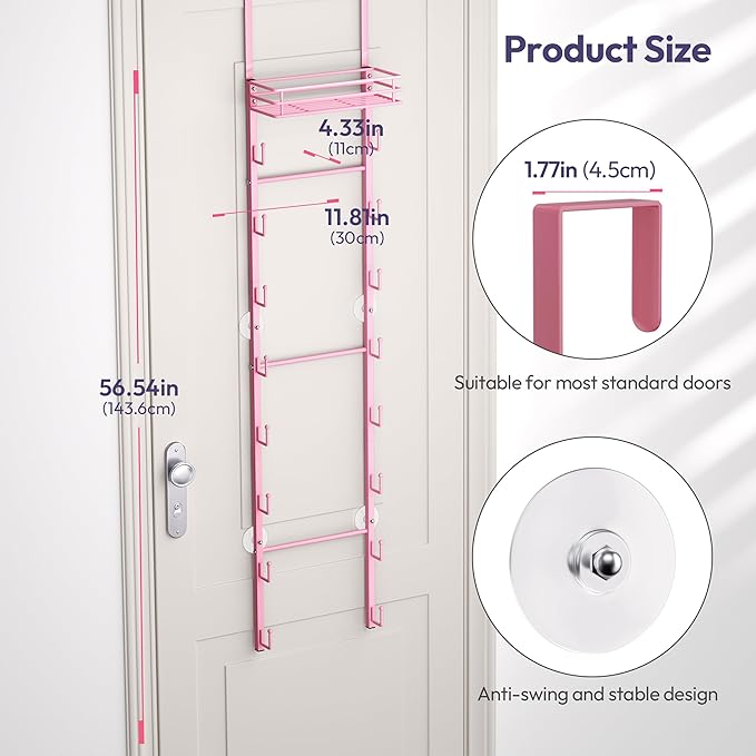 SWTYMIKI Over The Door Purse Organizer - Wall Mounted Handbag Organizer with 16 Hooks and Metal Basket, Hanging Purse Storage