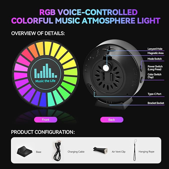 2 Pack Car Interior LED Lights, Round RGB Sound Activated Music Rhythm Light, 10 Color Mood Lighting for Car Decoration, RV, Birthday Gift, Gaming Room, Bedroom
