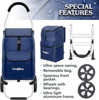 Ultra-Lightweight Blue Foldable Shopping Cart for Groceries Large 42L Capacity Rubber Wheels, Removable Insulated Bag Liner, Durable Aluminum Frame, Multi-Function Personal Hand Truck