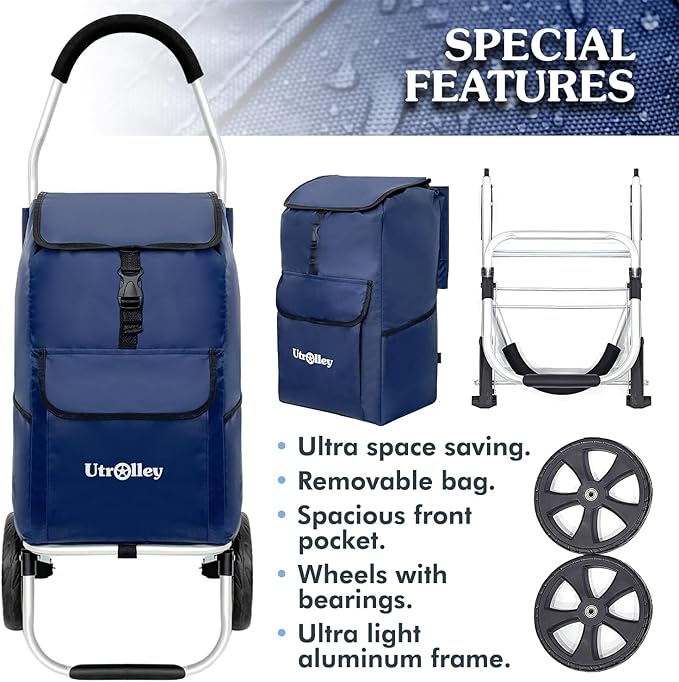 Ultra-Lightweight Blue Foldable Shopping Cart for Groceries Large 42L Capacity Rubber Wheels, Removable Insulated Bag Liner, Durable Aluminum Frame, Multi-Function Personal Hand Truck
