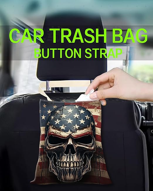 Car Trash Can, Durable Hanging Car Trash Garbage Bag, Cute Automotive Garbage Cans Organizer, American Flag Skull Print