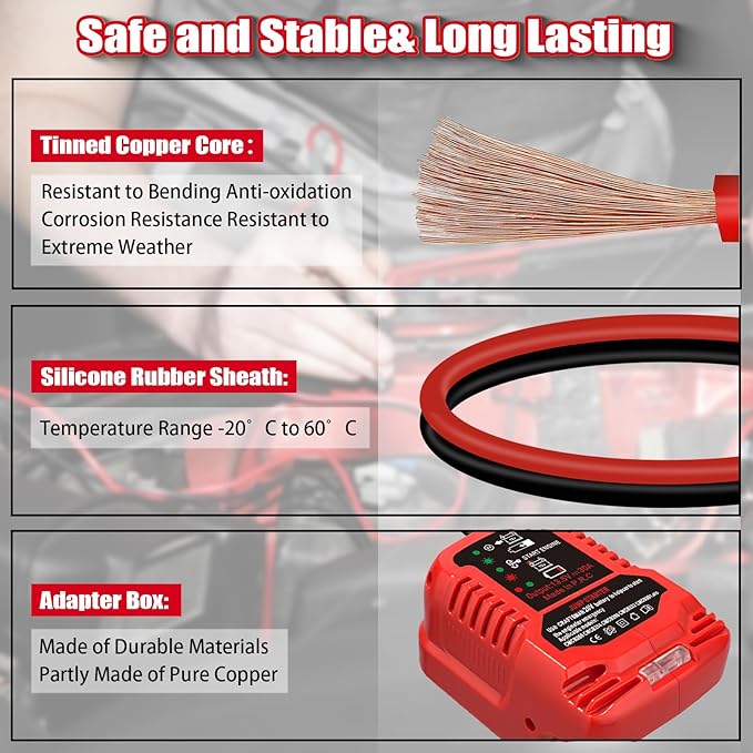 Heavy Duty Battery Jumper Cable Clamps for Craftman 20V Battery, Convert to Jumper Starter Automotive Booster with 11AWG Cables,Parrot Clips, Power for Quick Charging Connector -2 Clamps, Red & Black