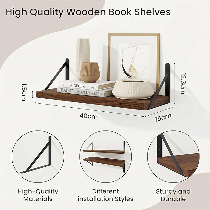 Shelves for Wall, Floating Bookshelves with Brackets, 16 inch Floating Shelves Set of 3, Wall Shelf for Kitchen, Bathroom, Be