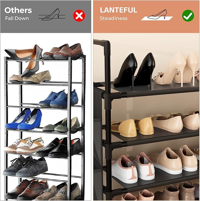 LANTEFUL 6 Tier Shoe Rack, Shoe Organizer Storage for 24-30 Pairs Shoe and Boot, Long Shoe Shelf with Hook and Side Pocket Fr