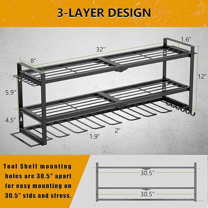 Power Tool Organizer - 3 Layer 8 Drill Holder Wall Mount, Storage Rack for Garage Organization, Large Tool Shelf, Gifts for H