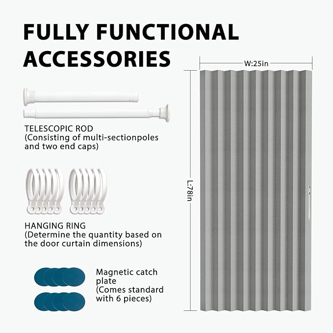 Jilron Accordion Door Curtain Set - 100% Blackout, with Curtain Rod Included, for Bedroom Privacy Protection (Grey-43 W x 78"