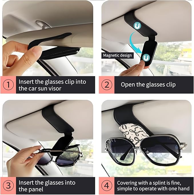 Sunglasses Holder for Car Visor, PU Leather Glasses Clip Organizer, Cute Magnetic Eyeglass Holder for Vehicle Sun Visor, Car Interior Accessory for Women & Men Black Bow Sketch