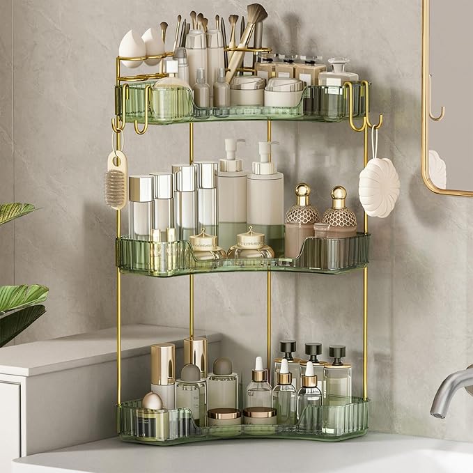 3-Tier Corner Bathroom Counter Organizer，Makeup & Skincare Shelf with Built-in Brush Holder，Space-Saving Bathroom Countertop 