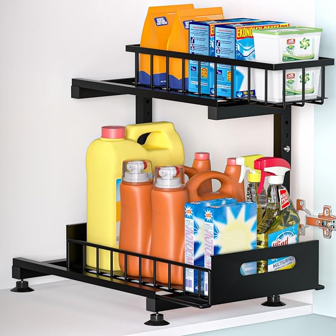 Under Sink Organizer, 2-Tier Premium Metal Pull-Out Racks with Adjustable Height, Heavy Duty Sliding Bin for Bathroom and Kit