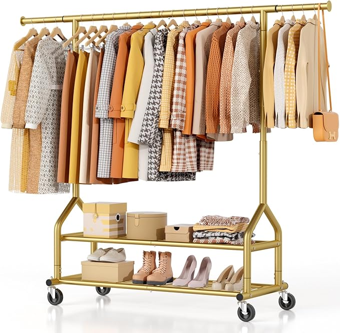 EAGMAK Heavy Duty Clothes Rack Load 556 LBS, Rolling Clothing Rack With Shelves, Height Adjustable Metal Clothes Hanger with 