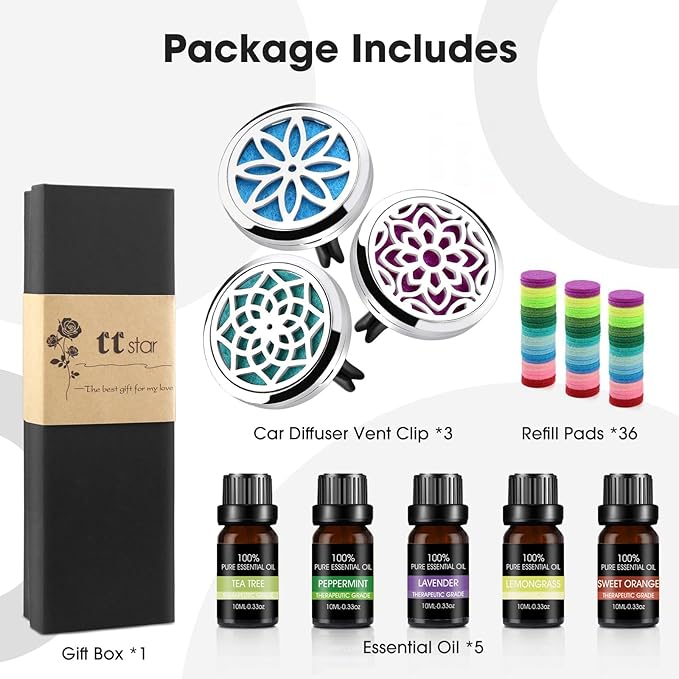 ttstar Car Diffuser Vent Clip - 30mm Aromatherapy Essential Oil, 3 Car Air Fresheners Vent Clips with 36 Refill Pads and 5 Es