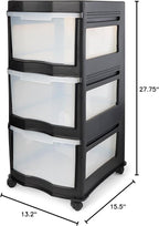 Life Story Classic 3 Tier Shelf Standing Plastic Storage Drawers and Organizer with Wheels for Home, Dorm, or Office Use, Bla