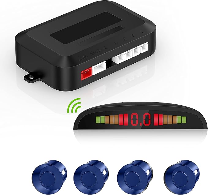 Cordless Parking Sensor, Reverse Radar System with 4 Car Backup Sensors, LED Distance Display with Sound Warning + 4 Blue Parking Sensors for Cars, Vans, RVs, and Trailers