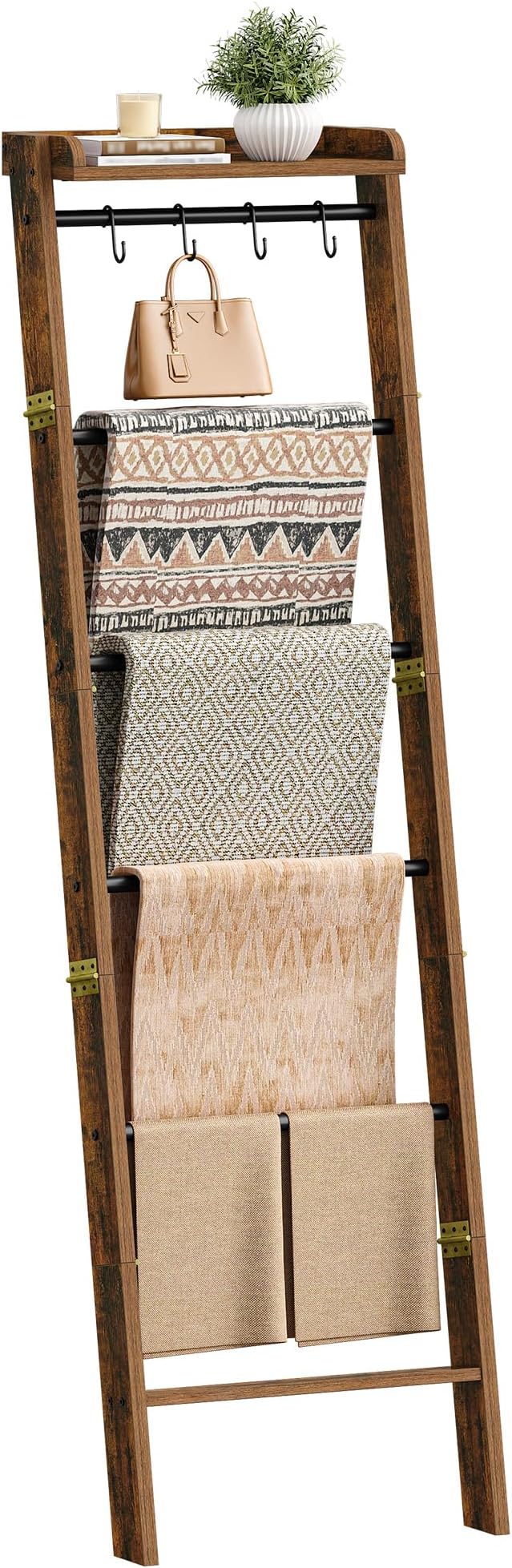 Hzuaneri Blanket Ladder Shelf, Decorative Quilt Rack, 7-Tier Farmhouse Ladder Holder Organizer with 4 Removable Hooks 7.9" D 