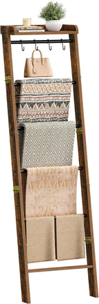 Hzuaneri Blanket Ladder Shelf, Decorative Quilt Rack, 7-Tier Farmhouse Ladder Holder Organizer with 4 Removable Hooks 7.9" D 