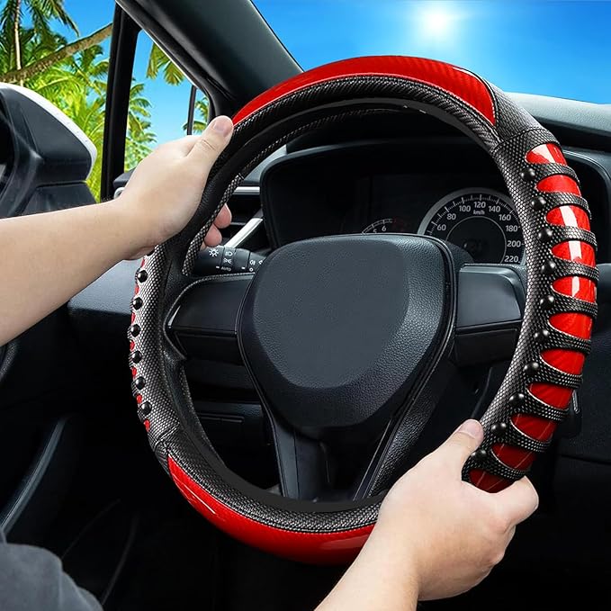 Car Leather Steering Wheel Cover - Carbon Fibre Material, Universal 14.5-15 Inch Leather Anti-Slip Breathable Auto Steering W