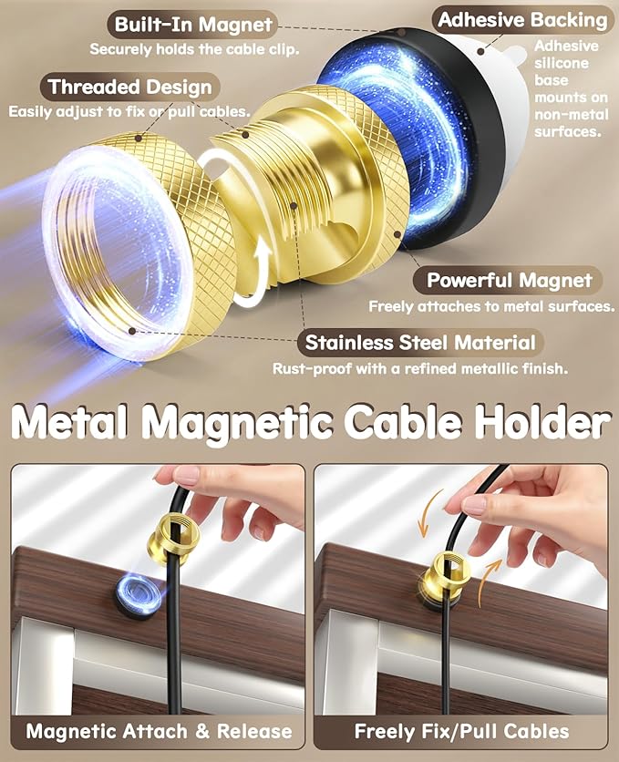 Magnetic Cord Clips 6 Pack, Maveek Wire Organizer Metal Cable Clips Adhesive Cable Management for USB Charging Cords, Desk Office Car Dash Cam Nightstand (Premium Gold Edition)