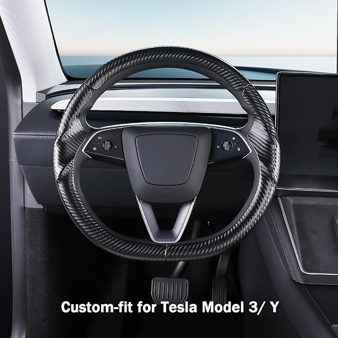 Steering Wheel Cover for Tesla Model 3 2024-Present Highland/Tesla Model Y Juniper 2025-Present, Carbon Fiber Steering Wheel Cover for Tesla Model 3 Highland/Y Juniper Accessories, Matte Black