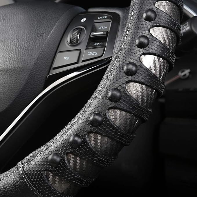 West Llama Microfiber Leather Car Steering Wheel Cover for Men Women,Universal Fit 14.5-15 inch(Leather Nails-Gray+Black-Stan