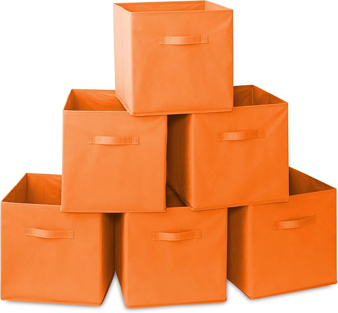 Casafield Set of 6 Collapsible Fabric Cube Storage Bins, Orange - 13" Foldable Cloth Baskets for Shelves, Cubby Organizers & 