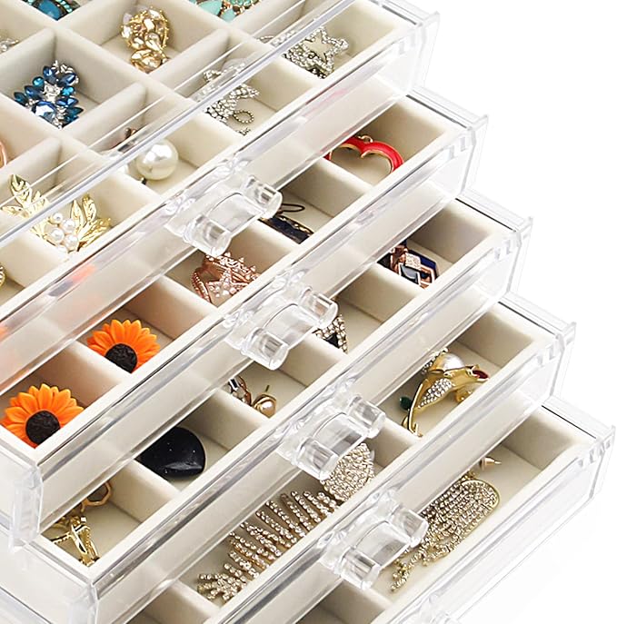 Watpot Acrylic Jewelry Box with 5 Drawers, Clear Earring Storage Organizer Display Case for Women Girls, Beige