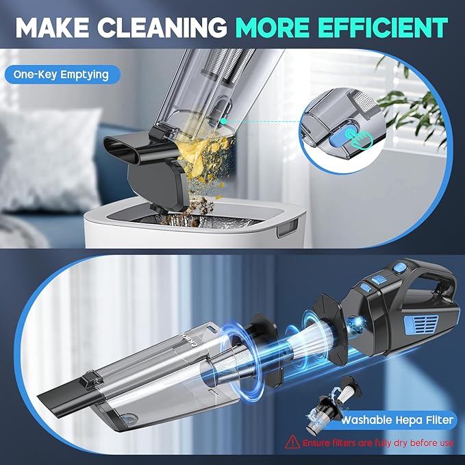 Handheld Vacuum Cordless, 15000PA Strong Suction Hand Held Car Vacuum Cleaner Portable with Multi-Nozzles & Washable Filter, 