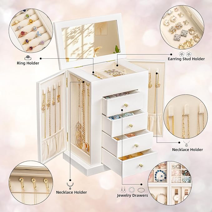 Emfogo Jewelry Boxes for Women, 5-Layer Large Leather Jewelry Organizer Box with Mirror and Drawers, Jewelry Storage for Neck