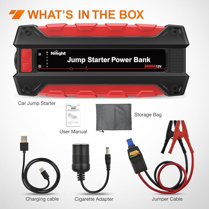 Nilight 2000A Car Battery Jump Starter for Up to 8.0L Gas & 7.0L Diesel Engines 12V Portable Jump Start Booster Pack Jump Box with Jumper Cables DC Output and LED Light