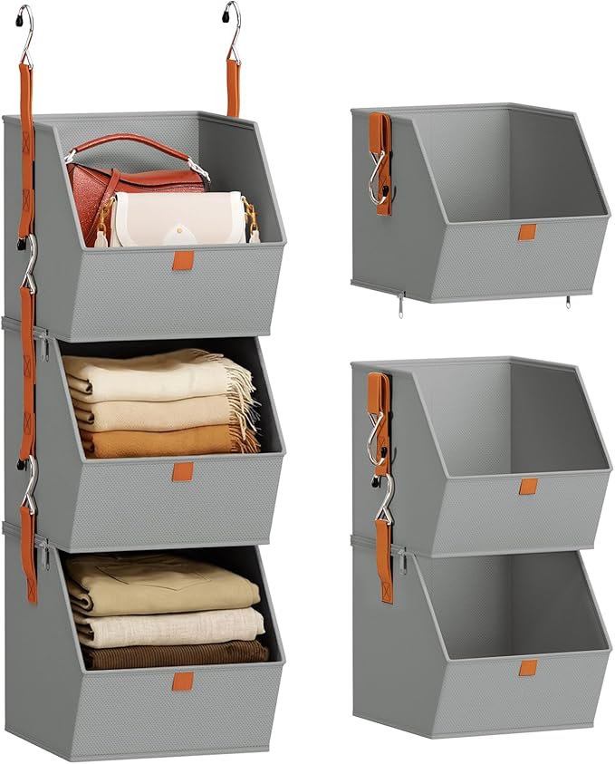 Homsorout Collapsible Hanging Closet Organizer - 3 Tier Closet Shelves Storage System with Hooks, Fabric Hanging Storage Bins