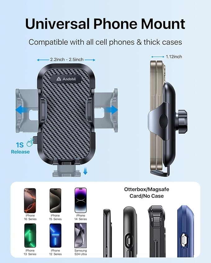 andobil Universal Car Phone Clip Holder [Military Sturdy, Firmly Grip & Never Slip] Ultra Stable Dashboard Cell Phone Mount for Car Dash Fits All iPhone 16 15 14 13 12 Pro Max Android Samsung GPS