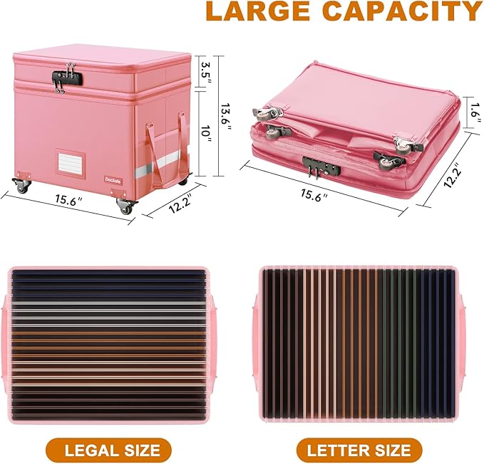 DocSafe File Box with Lock,2-Layer Fireproof Document Box with Wheels,Collapsible Rolling File Storage Organizer with Pockets