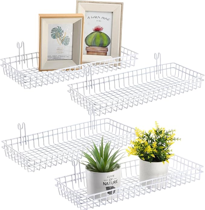 Blulu 4 Pcs 15.75 x 5.91 x 1.97 Inch Metal Grid Wall Baskets with Hooks Grid Wall Shelves Hanging Wire Basket Multi Function 