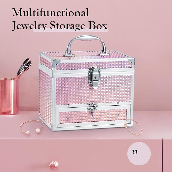 Hododou Girls Jewelry Box Organizer with Drawer & Mirror, Shiny Pink Style Lockable Storage Case for Kid or Little Girls Jewe