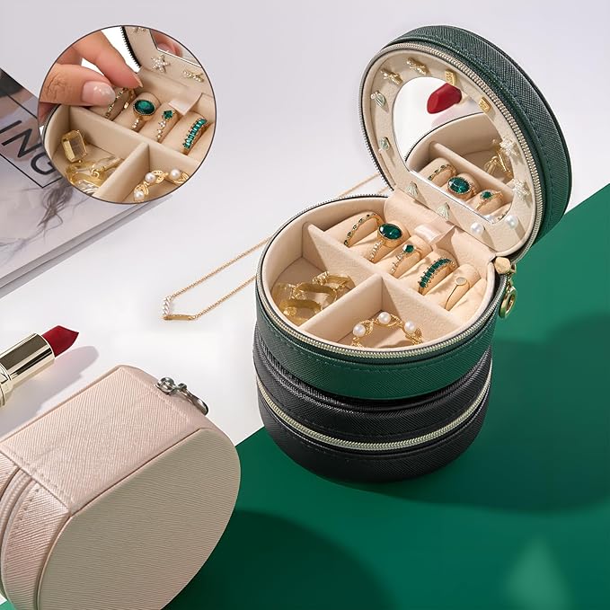 ProCase Travel Size Jewelry Box, Mini Portable Seashell-Shaped Jewelry Case with Mirror, 2 Layer Organizer in PU Leather for 