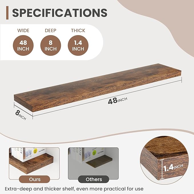 48 Inch Floating Shelves, 8 Inch Deep Floating Shelves for Wall, Hanging Shelf with Invisible Brackets, Deep Shelves for Bath