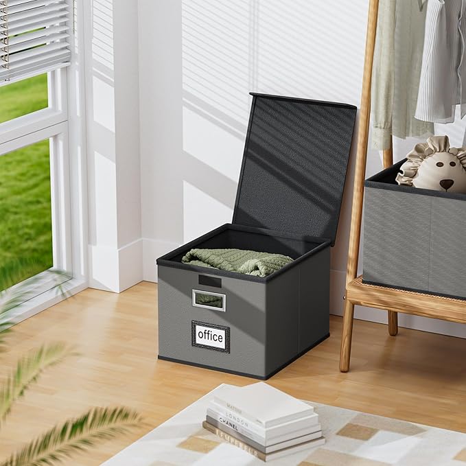 Huolewa Faux Leather File Organizer Box with Lid, Collapsible Hanging File Folder Box Organizer with Plastic Slides, Decorati