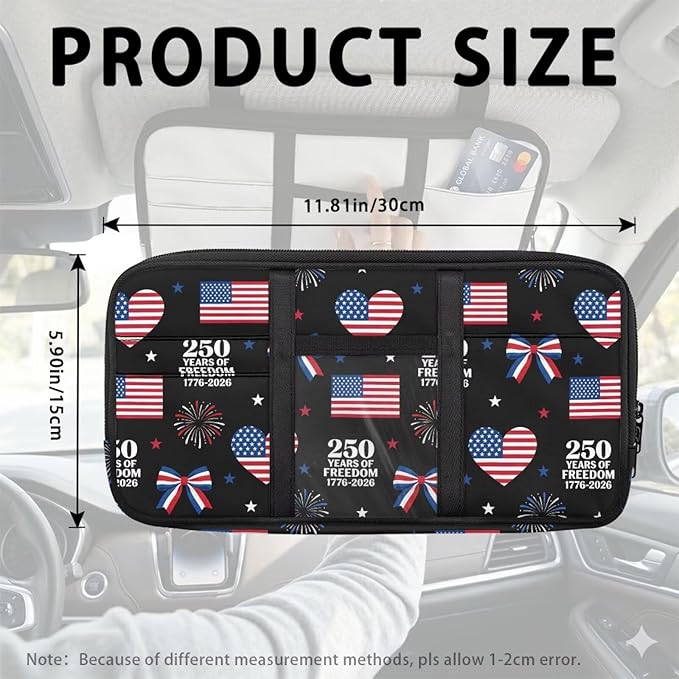 250th USA Anniversary Car Sun Visor Organizer Auto Visor Multi-Pocket Storage Pouch Holder Vehicle Visor Net Personal Belonging Pouch for Card Pen Phone