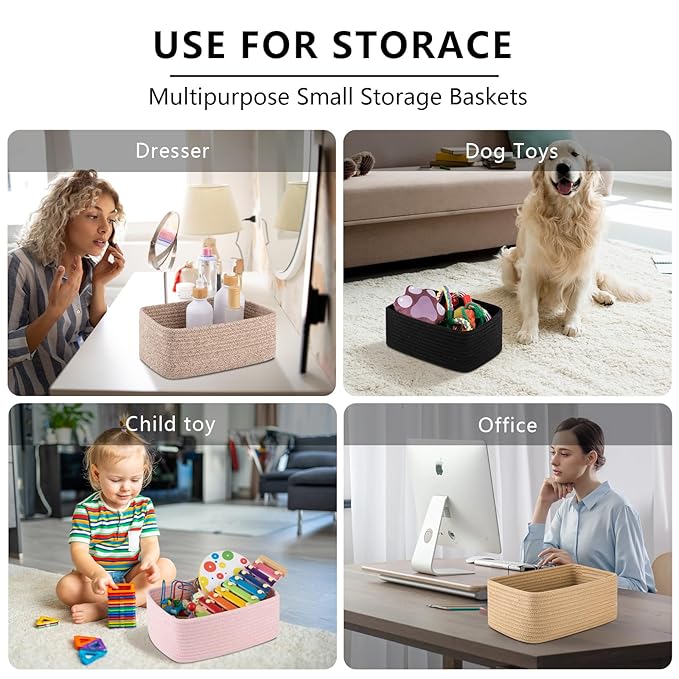 OIASKET 4 Pack Small Storage Shelf Baskets for Organizing, Mini Woven Rope Storage Bins for Towels, Cute Decorative Closet Or