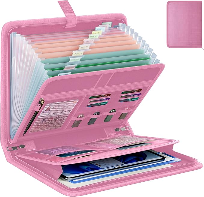 Fireproof Accordion File Organizer, Portable Expanding File Folder with Waterproof Zipper&Labels, Pink Document Organizer wit