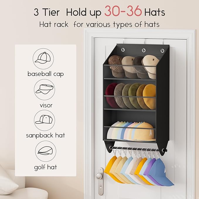 Homsorout Over the Door Hat Rack - 3-Layer Design Hat Organizer Holds 30-36 Hats with 10 Hooks, Ideal Hat Rack for Door, Over