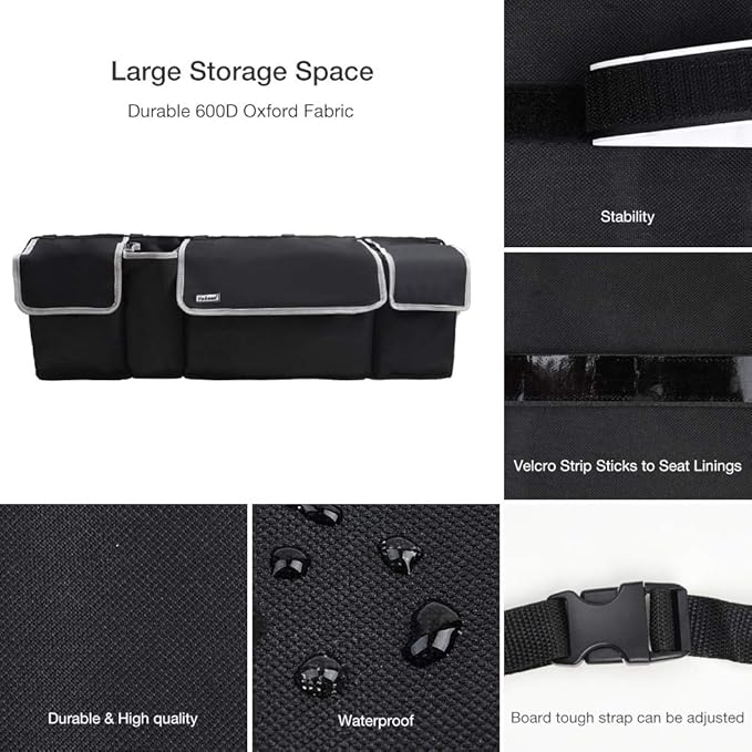Backseat Trunk Organizer for SUV & Car - Hanging Organizer Foldable Cargo Storage Bag with 4 Pockets Adjustable Strap Durable