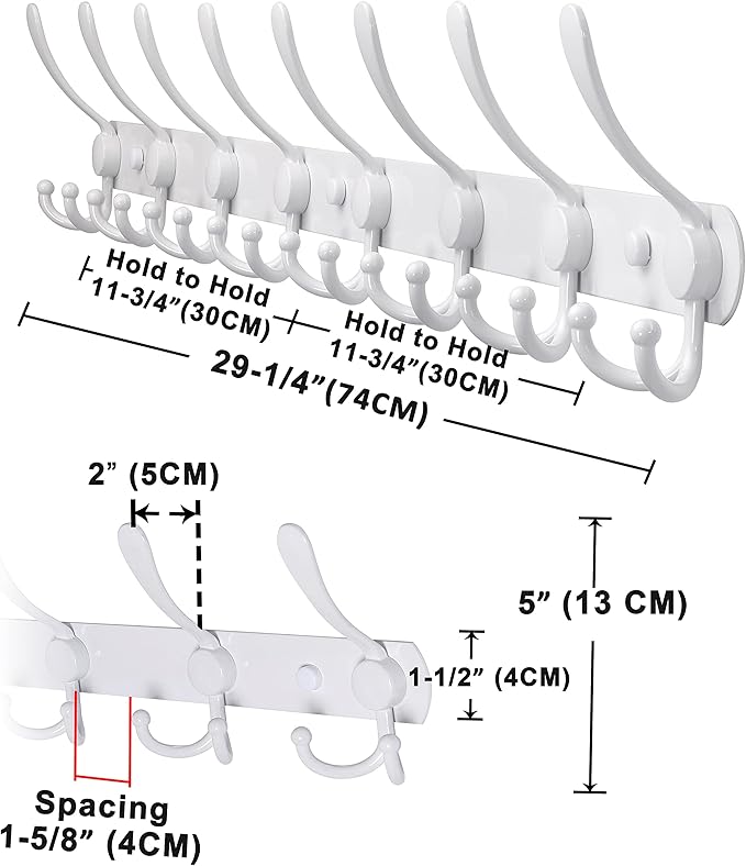 Dseap Coat Rack Wall Mount - 29.5” Long 8-Tri-Hooks Heavy Duty Coat Hanger Rail Wall Hooks for Hanging Coats Hats Clothing Cl