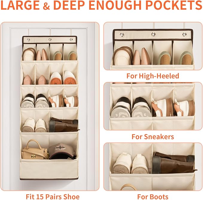 FENTEC 1 Pack Over the Door Shoe Organizers, Hanging Shoe Organizer with Large Deep Pocket Shoe Holder for Closet Shoes Rack 
