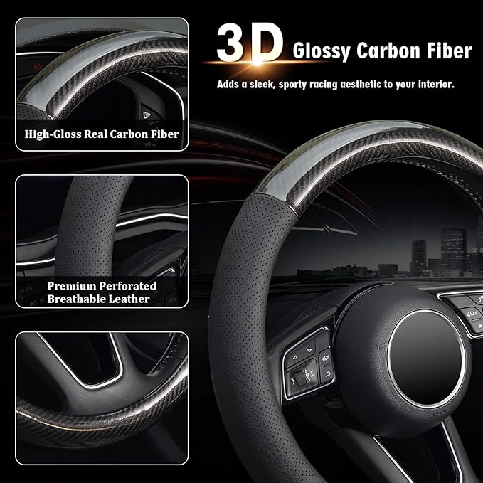 KAFEEK 16 inch Classic Carbon Fiber Steering Wheel Cover Compatible with F150 F250 F350 Ram 4Runner Tacoma Tundra Range Rover